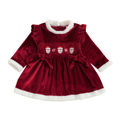 Front view of Kidsely toddler baby girl red velvet Christmas dress with white faux fur trim and embroidered Santa details