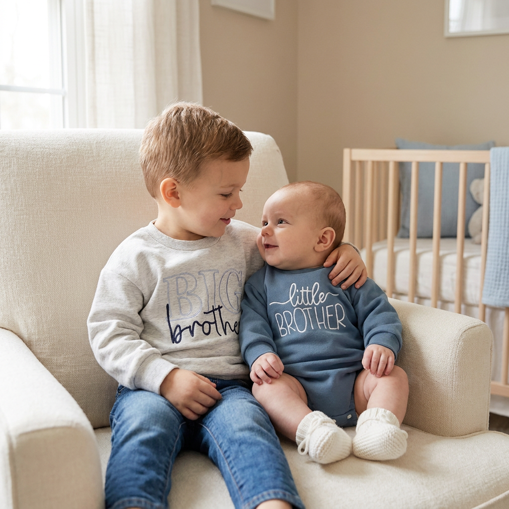 Toddler boy wearing a grey Big Brother sweatshirt sitting on a chair next to his baby sibling in a matching little brother outfit.