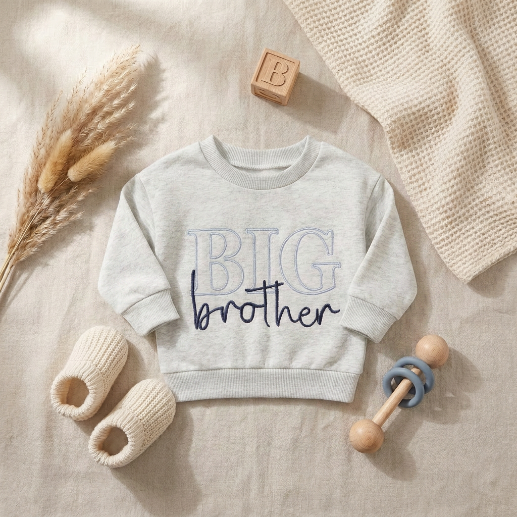 Styled flat lay of the grey toddler Big Brother sweatshirt with neutral baby accessories including knit booties and a wooden rattle.
