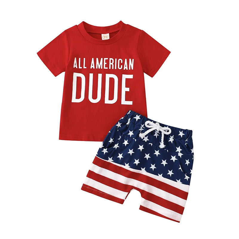 Toddler boy 4th of July outfit featuring a red "All American Dude" graphic t-shirt and American flag shorts set.