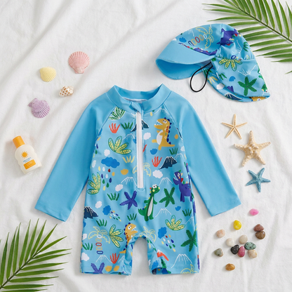 Children's blue swimsuit with dinosaur pattern, hat, and beach accessories on a white background.