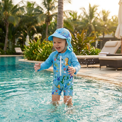 Toddler boy in a long sleeve blue dinosaur swimsuit with a hat playing in a pool with palm trees in the background