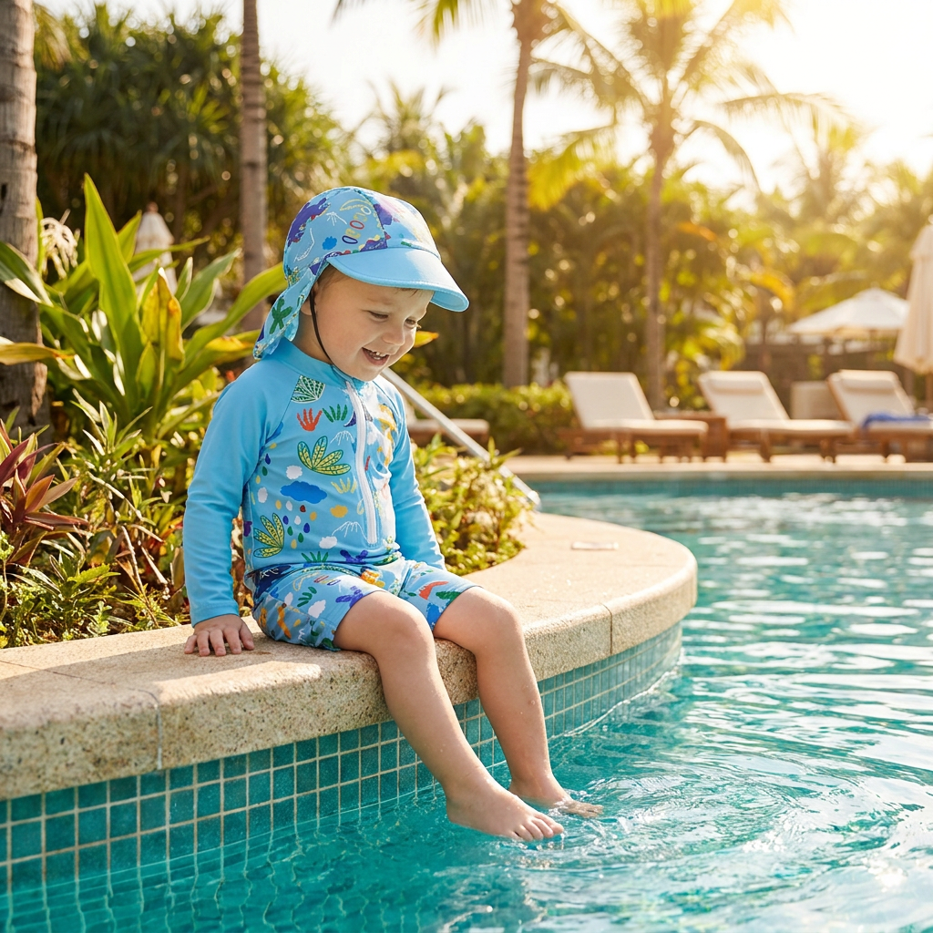 Toddler boy wearing long sleeve dinosaur rash guard swimsuit with a sun hat while sitting on edge of pool at a resort