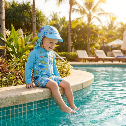 Toddler boy wearing long sleeve dinosaur rash guard swimsuit with a sun hat while sitting on edge of pool at a resort