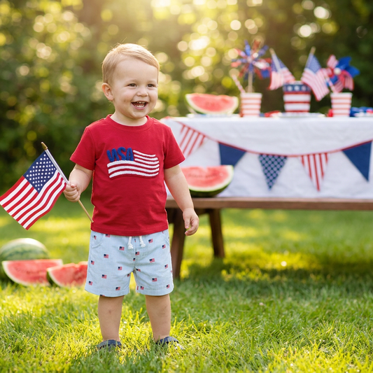 Happy toddler boy outdoors wearing a red patriotic USA t-shirt and striped shorts, holding an American flag at a summer picnic.