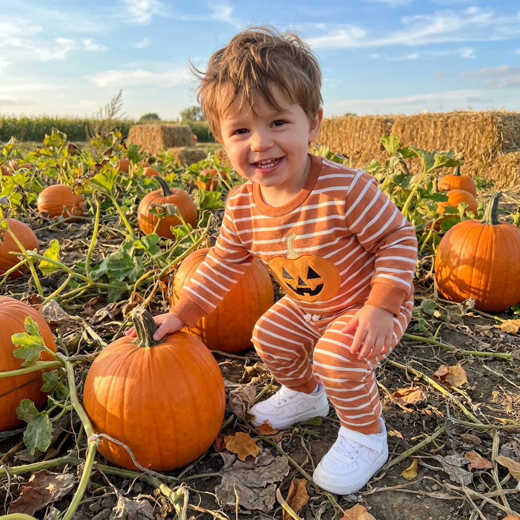 A smiling toddler boy wearing the orange and white striped Halloween pumpkin sweatshirt and jogger set while playing outdoors in a fall pumpkin patch.