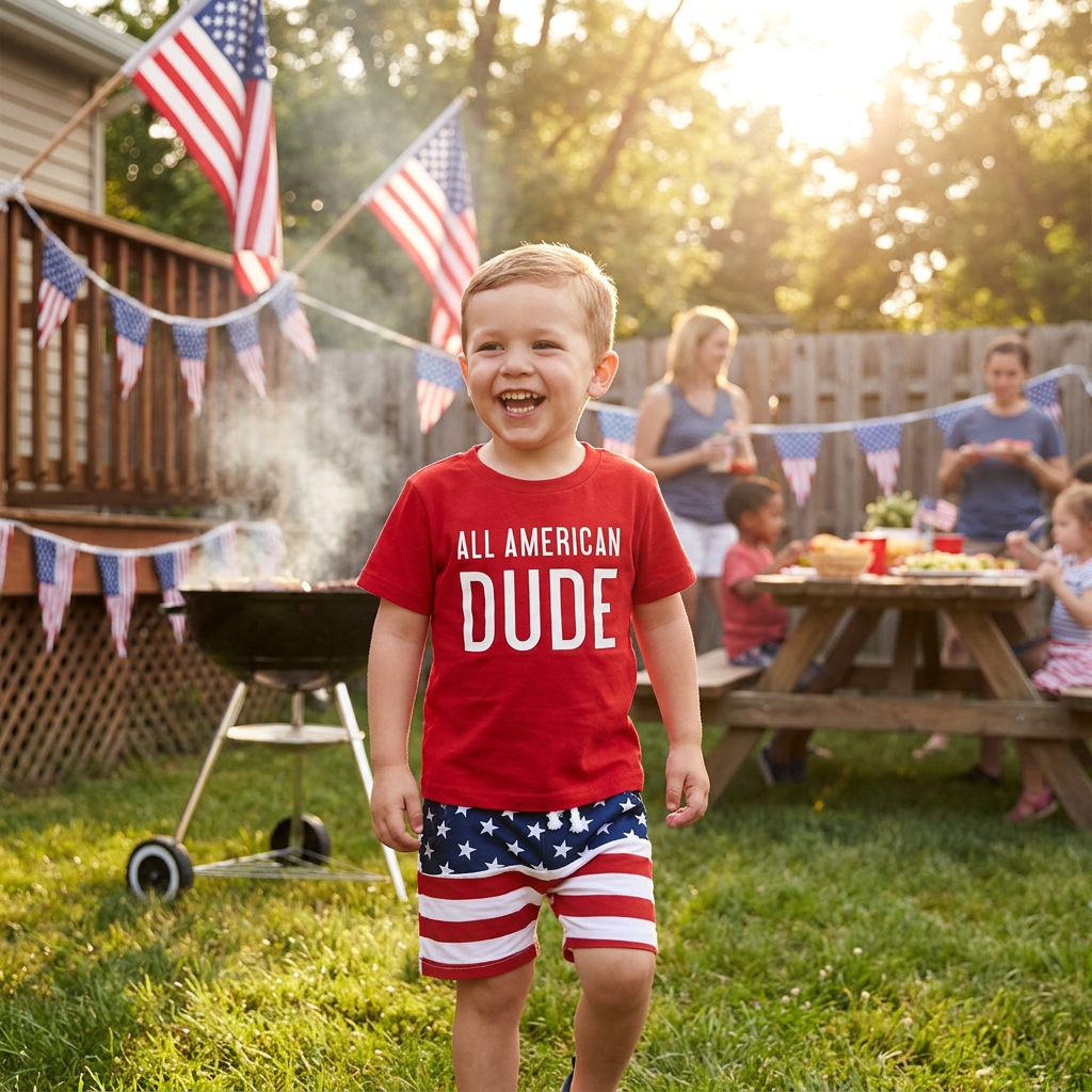 Smiling toddler boy at a backyard BBQ wearing the red "All American Dude" Independence Day outfit.