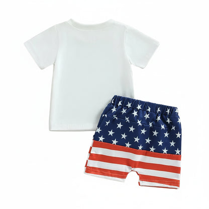 Back view of the plain white short-sleeve t-shirt paired with the toddler boys' American flag shorts.