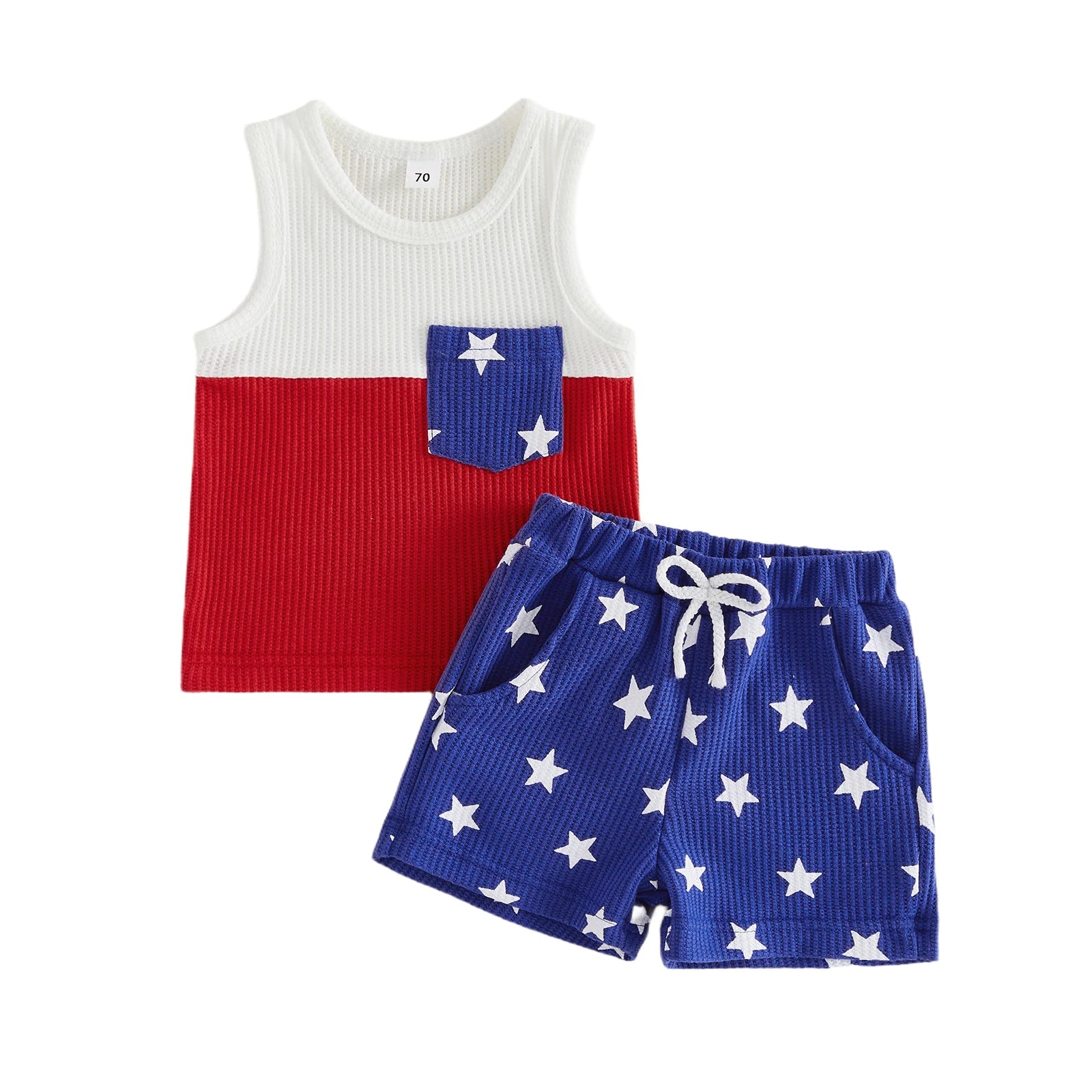 Toddler boys 2-piece patriotic 4th of July outfit set featuring a red, white, and blue star pocket tank top and star print shorts.