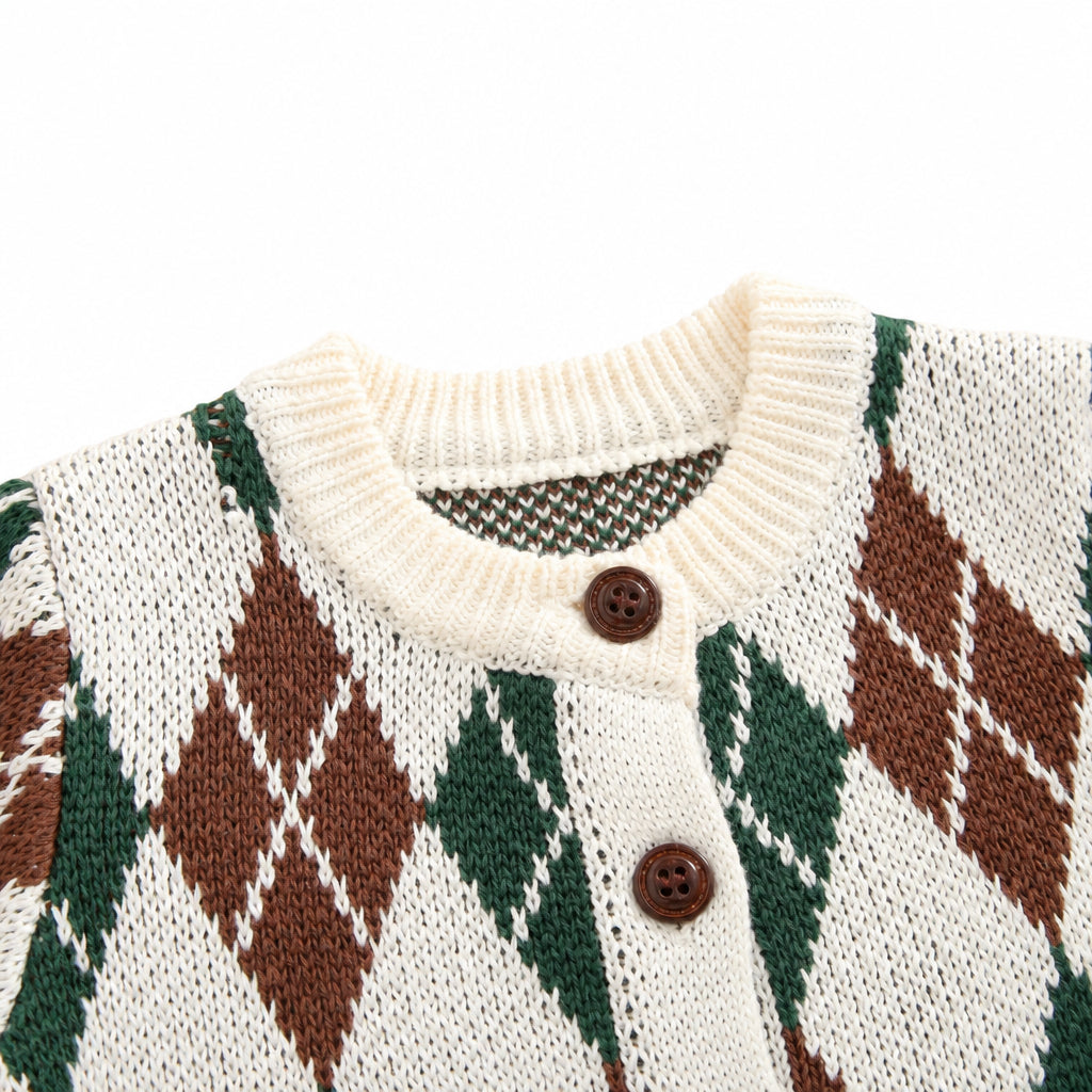Close-up of the ribbed round neck collar and crew neck style on the boys argyle knit cardigan sweater