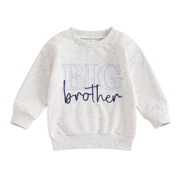 Light grey toddler boys long sleeve sweatshirt featuring blue and navy Big Brother letter embroidery on a white background.
