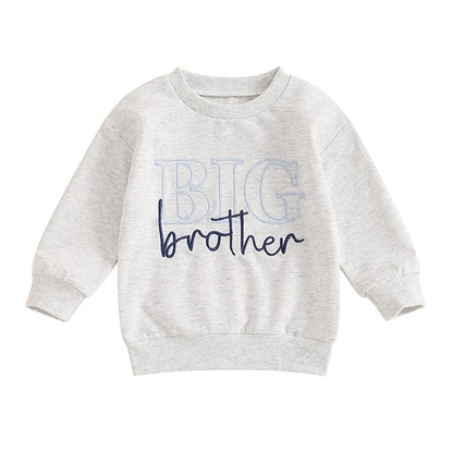 Light grey toddler boys long sleeve sweatshirt featuring blue and navy Big Brother letter embroidery on a white background.