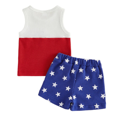 Flat lay back view of the toddler boys red, white, and blue 2-piece summer clothing set.