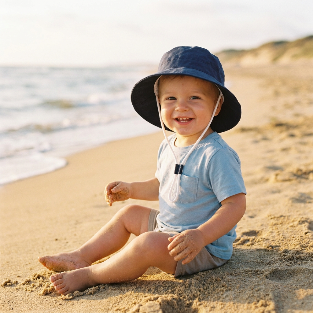 A smiling toddler sitting on a sandy beach wearing a dark blue wide brim bucket sun hat with the adjustable chin strap secured.