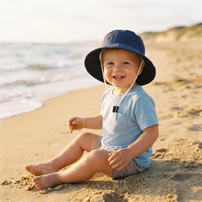 A smiling toddler sitting on a sandy beach wearing a dark blue wide brim bucket sun hat with the adjustable chin strap secured.