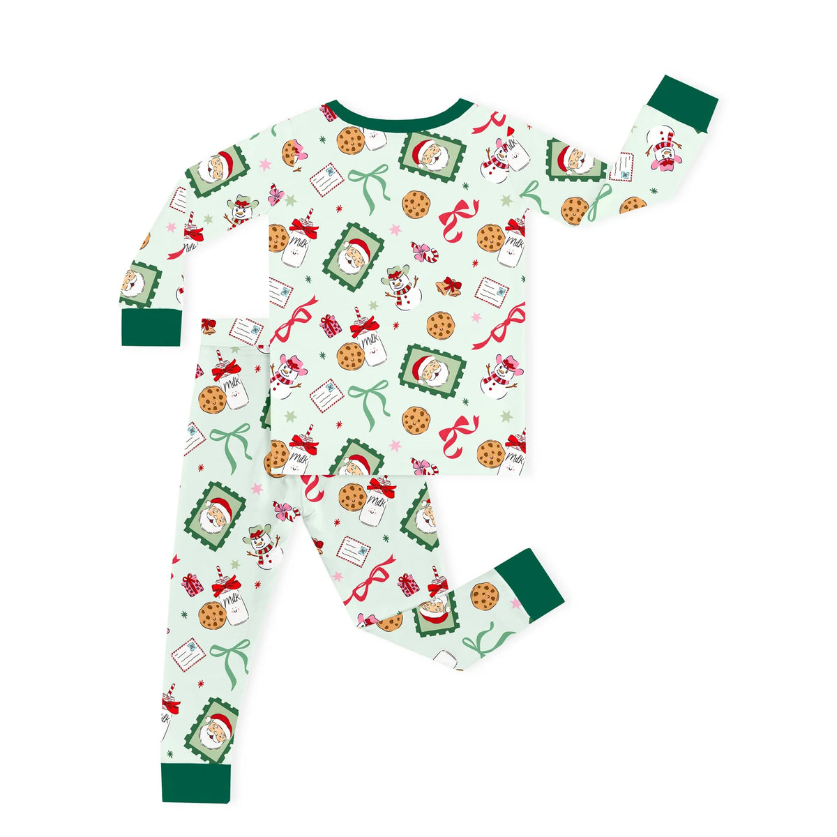 Back view of two-piece toddler Christmas sweet treats bamboo loungewear set with dark green collar and cuffs