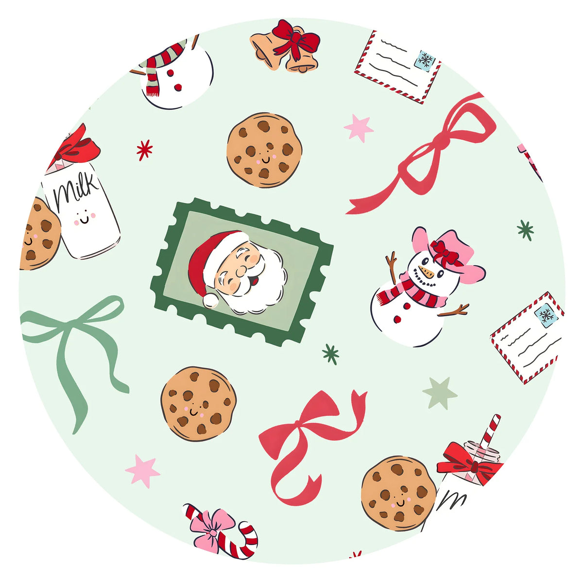 Close-up fabric swatch of Sweet Treats holiday print showing vintage Santa portraits, cookies, milk, snowmen, and candy cane bows