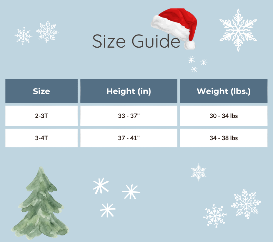 Size guide chart for toddler Christmas sweet treats pajamas showing height and weight measurements