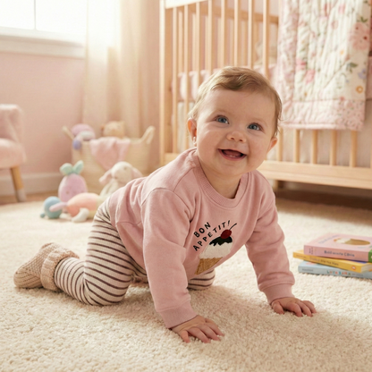 Active infant toddler crawling on a neutral plush rug in a nursery room, showing the flexible fit and durability of the long-sleeve sweatshirt and coordinates.