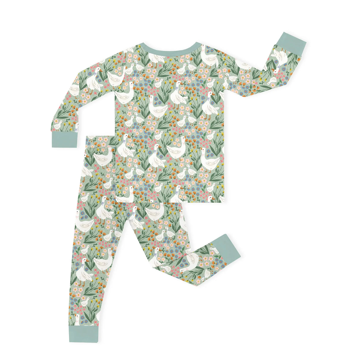 Back view of two-piece toddler farmhouse goose bamboo pajama set with sage green ribbed neckline and cuffs