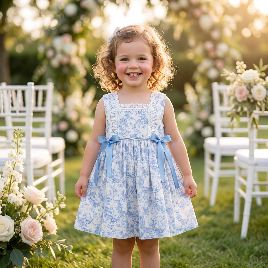 A young girl wearing the blue toile floral sun dress at an outdoor garden wedding ceremony.