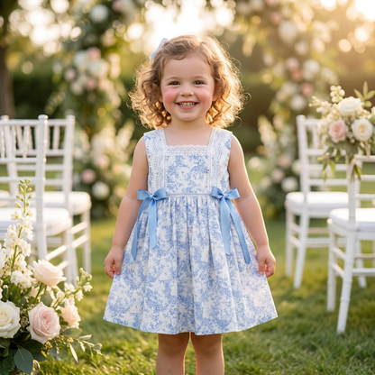 A young girl wearing the blue toile floral sun dress at an outdoor garden wedding ceremony.