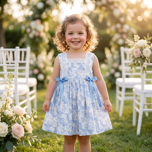 A young girl wearing the blue toile floral sun dress at an outdoor garden wedding ceremony.