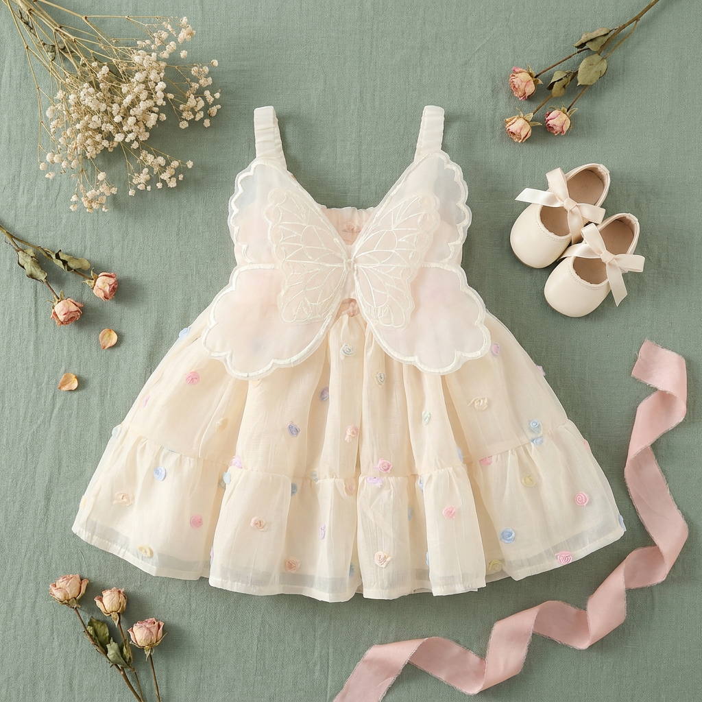 Creative flat lay presentation of the butterfly wing princess dress on a soft green background, styled alongside matching cream baby shoes, a pink ribbon, and dried flowers.
