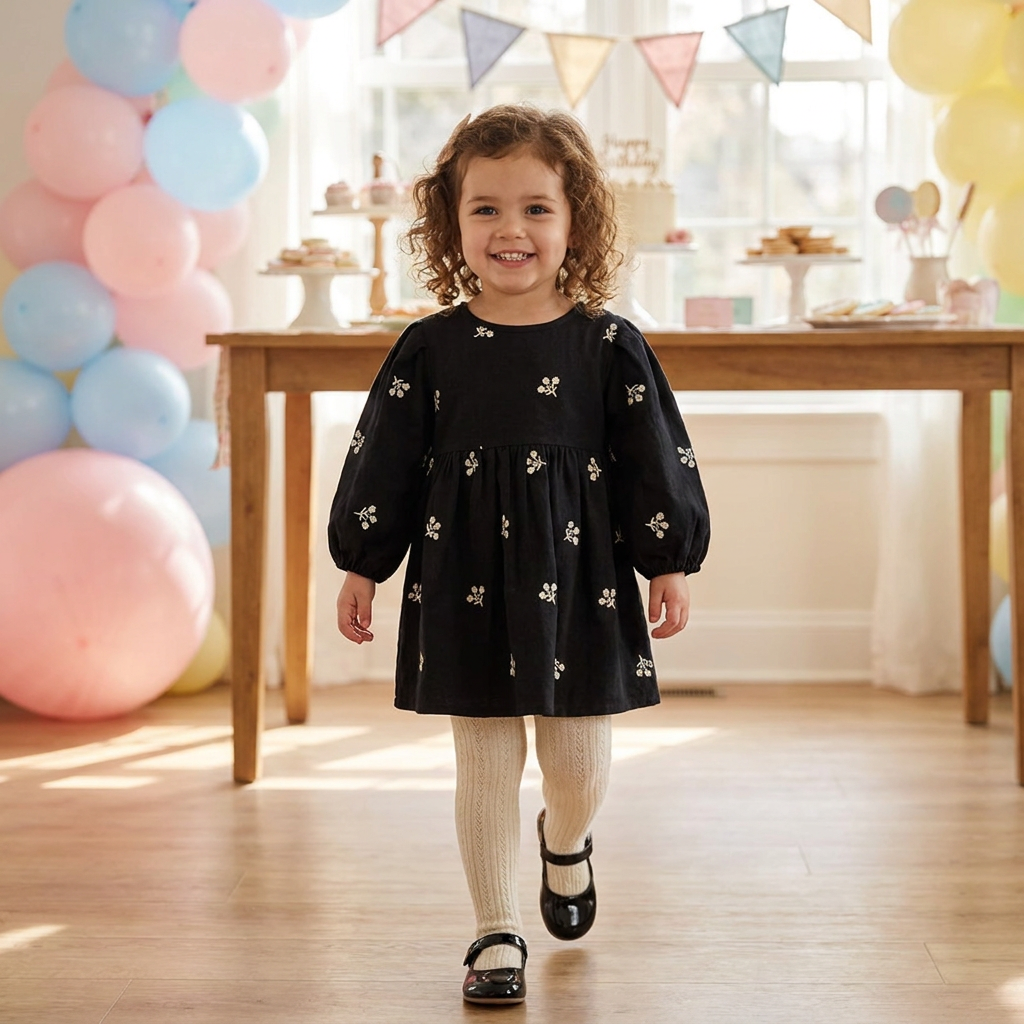 A smiling toddler girl walking at a birthday party wearing a black floral embroidered puff sleeve dress, styled with cream cable-knit tights and black patent Mary Jane shoes. Pastel balloons and a dessert table are visible in the background.