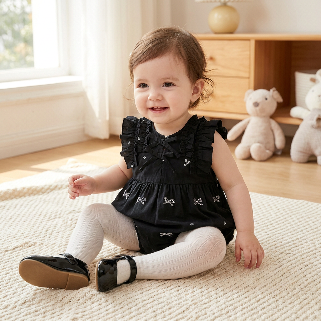 Toddler girl sitting on a rug wearing a black and white bow print sleeveless summer bubble romper and white tights.