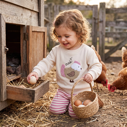 Toddler girl wearing off-white chicken pullover sweatshirt and pink striped pants collecting fresh eggs by a rustic wooden chicken coop.