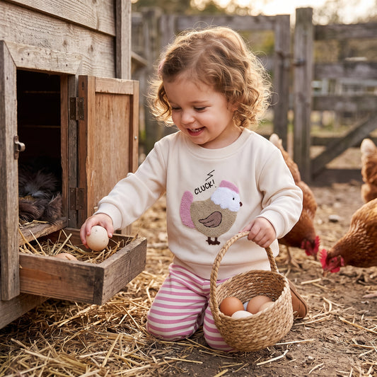 Toddler girl wearing off-white chicken pullover sweatshirt and pink striped pants collecting fresh eggs by a rustic wooden chicken coop.