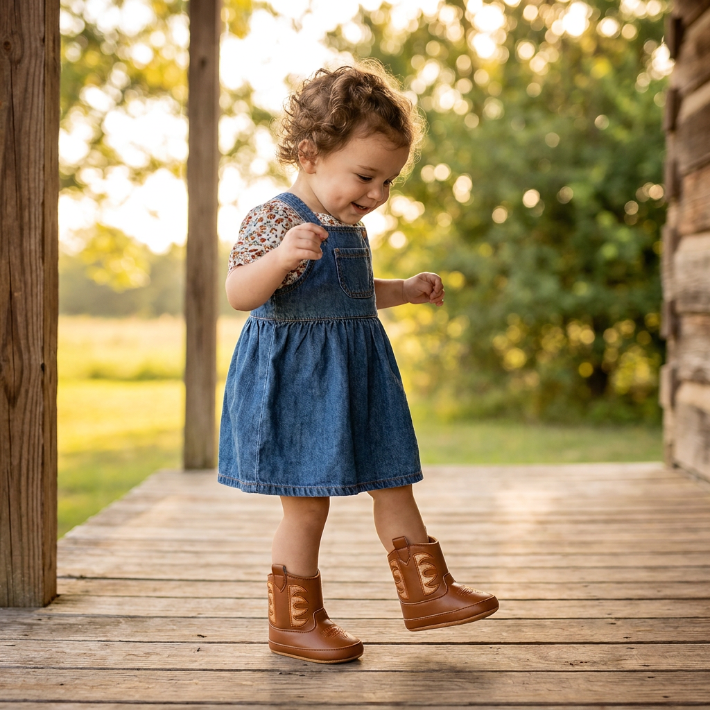 A young toddler girl wearing a denim dress and cognac brown infant cowboy boots standing on a wooden porch with a green field in the background.