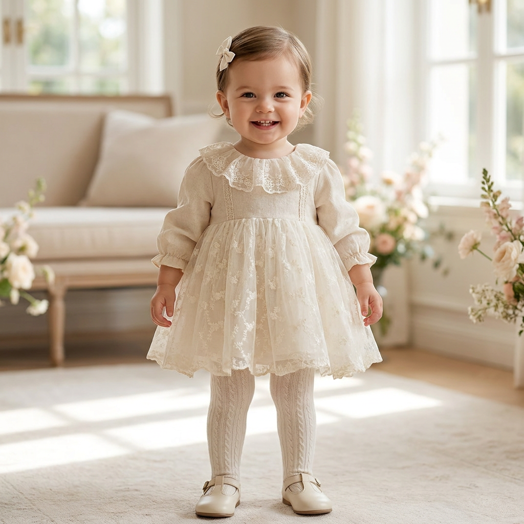 A smiling toddler girl modeling the vintage-inspired cream floral lace princess dress, featuring a ruffled collar and tulle skirt. She is beautifully styled with cable-knit tights, cream Mary Jane shoes, and a small hair bow in a brightly lit room.