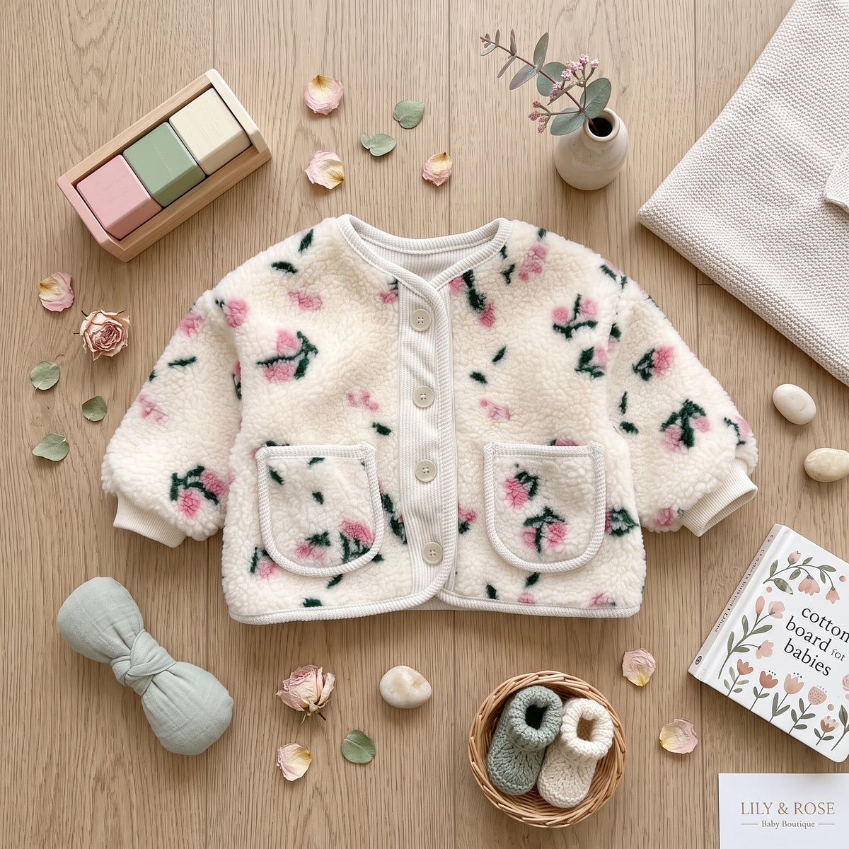 Flat lay presentation of the floral fleece winter jacket styled with wooden baby toys and accessories on a neutral background.