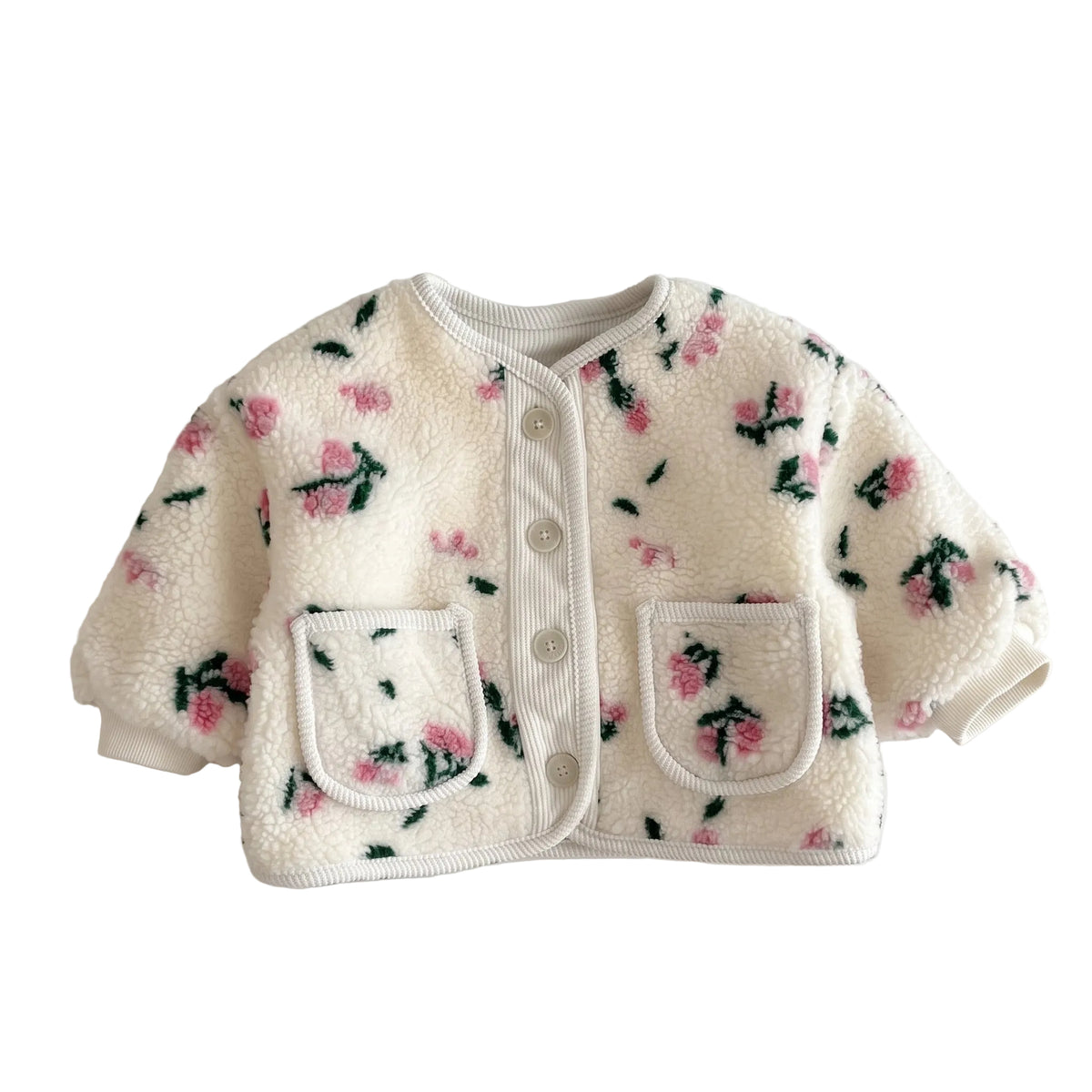 Front view of a toddler girl off-white plush fleece cardigan jacket featuring a pink ditsy floral print, snap closure, and two patch pockets.