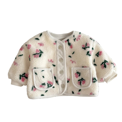 Front view of a toddler girl off-white plush fleece cardigan jacket featuring a pink ditsy floral print, snap closure, and two patch pockets.