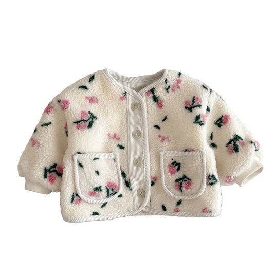 Front view of a toddler girl off-white plush fleece cardigan jacket featuring a pink ditsy floral print, snap closure, and two patch pockets.