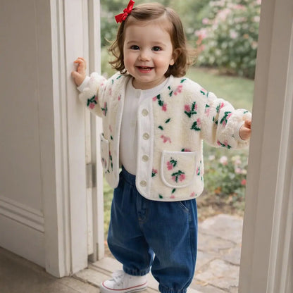 Toddler girl wearing the floral plush fleece jacket indoors with blue jeans and a white undershirt.