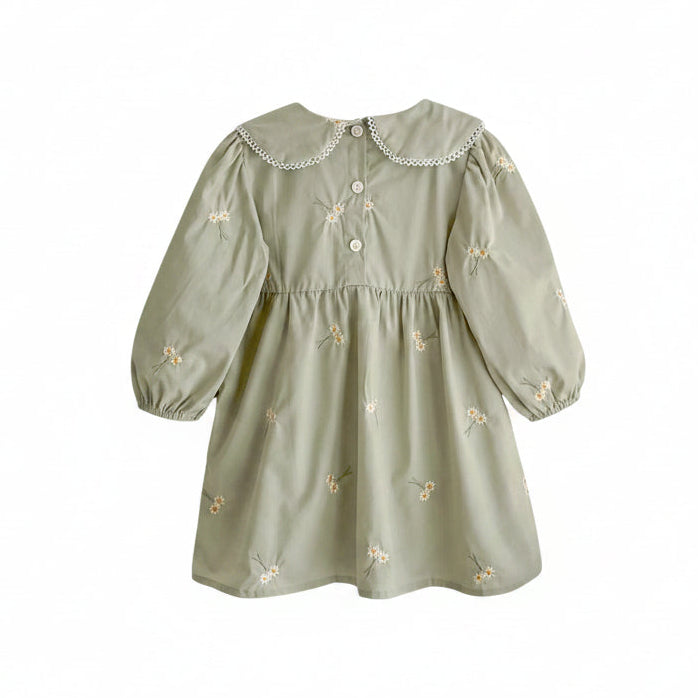 Back view flat lay of the sage green toddler dress showing the matching fabric back panel and clean button placket closure.