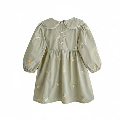 Back view flat lay of the sage green toddler dress showing the matching fabric back panel and clean button placket closure.