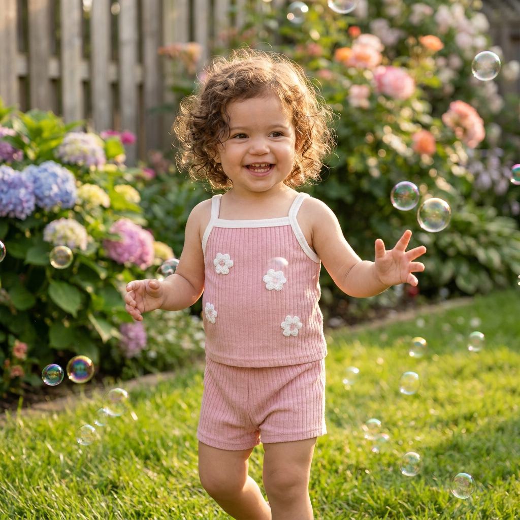 Smiling toddler girl playing with bubbles outdoors in a garden, wearing the dusty rose ribbed tank top and matching shorts with white 3D floral appliqués.