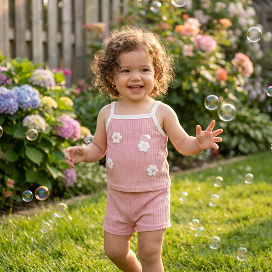 Smiling toddler girl playing with bubbles outdoors in a garden, wearing the dusty rose ribbed tank top and matching shorts with white 3D floral appliqués.