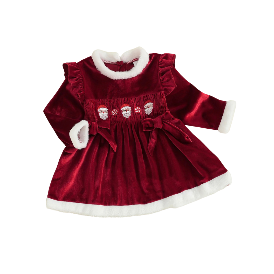 Full front view of Kidsely toddler girl embroidered Santa red velvet holiday dress