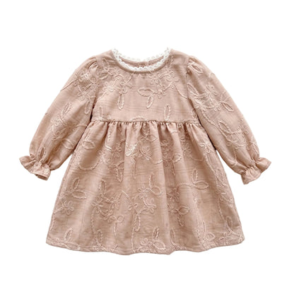 Beige toddler girl long sleeve floral embroidered babydoll dress displayed on a white background.