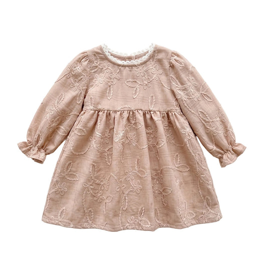 Beige toddler girl long sleeve floral embroidered babydoll dress displayed on a white background.