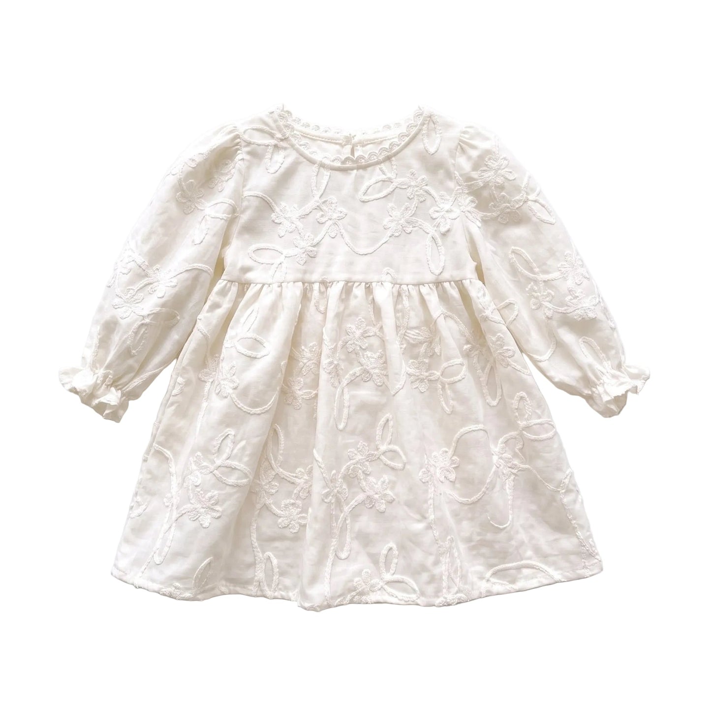 White toddler girl long sleeve floral embroidered babydoll dress displayed on a clean white background.