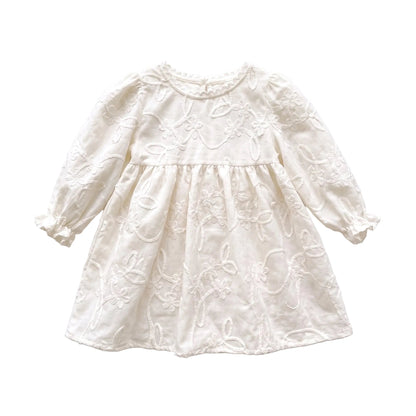 White toddler girl long sleeve floral embroidered babydoll dress displayed on a clean white background.