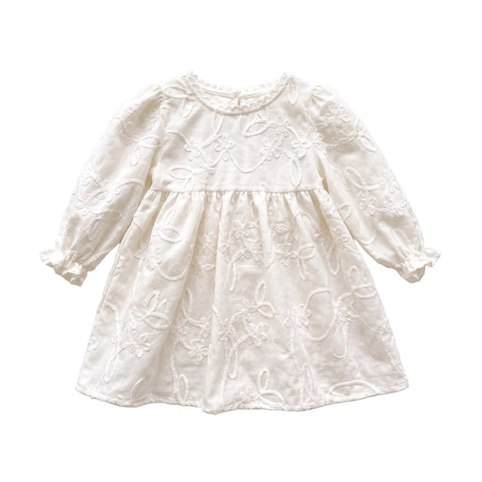 White toddler girl long sleeve floral embroidered babydoll dress displayed on a clean white background.