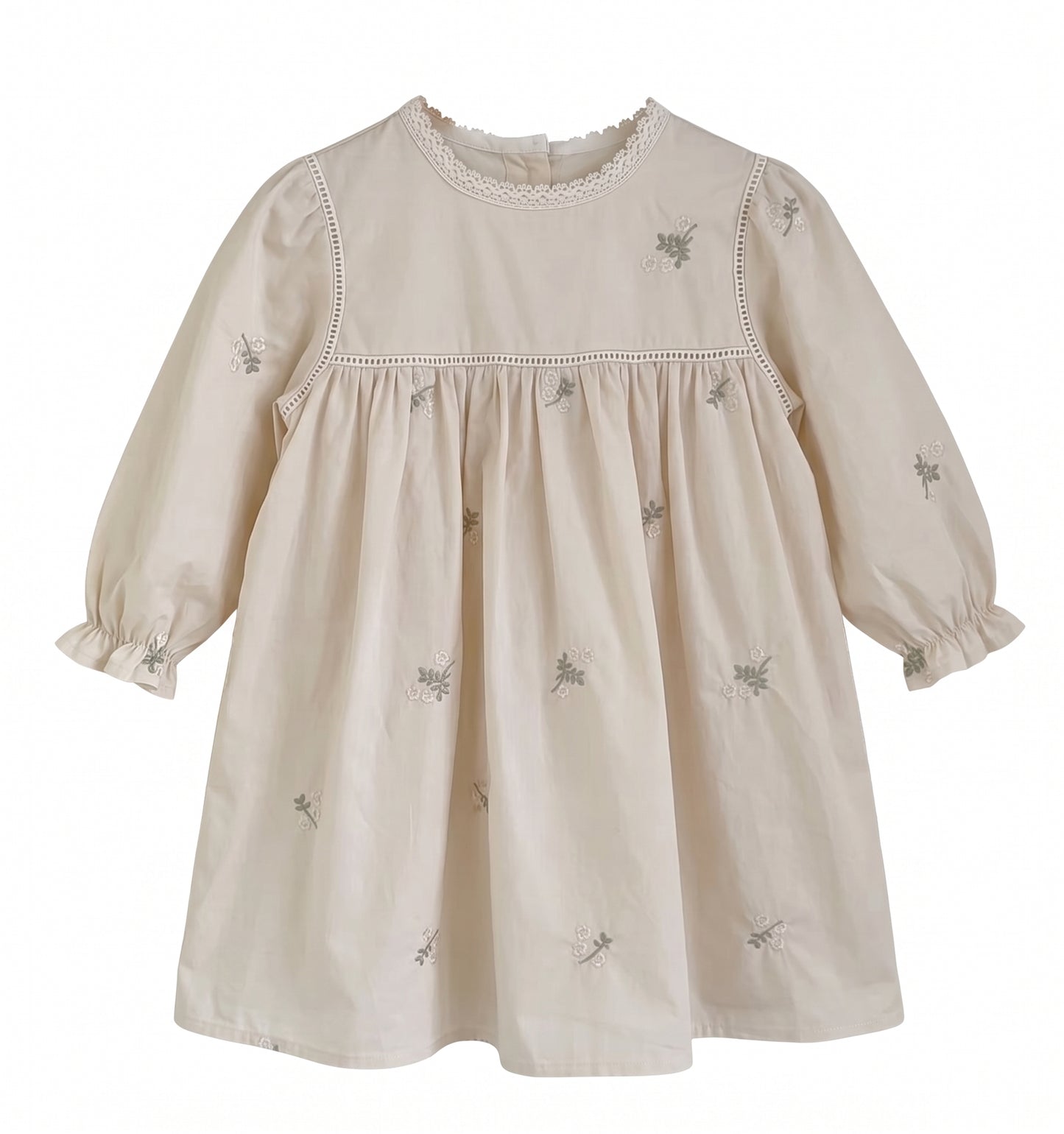 Front product view of cream vintage toddler girl long sleeve A-line dress featuring delicate floral embroidery and lace collar detail